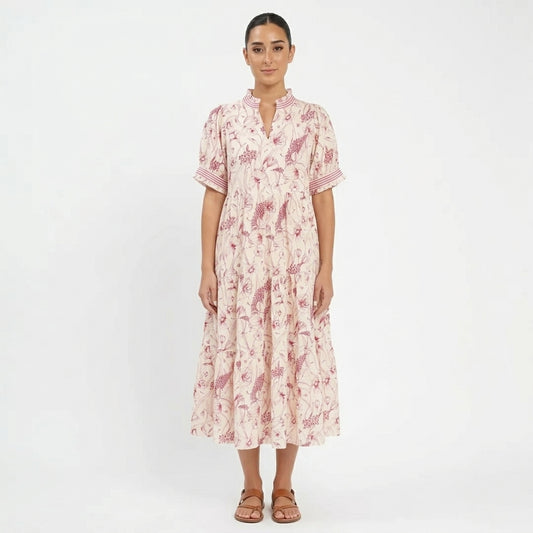 Robe midi femme Ulani | Imprimé floral botanique, détail poignets rayés