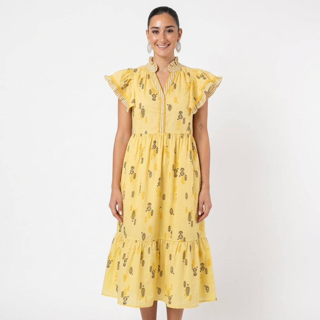 Robe midi femme Uma | Imprimé botanique en blocs, manches à volants rayés
