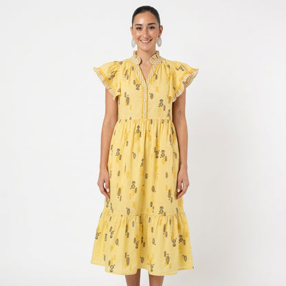Robe midi femme Uma | Imprimé botanique en blocs, manches à volants rayés
