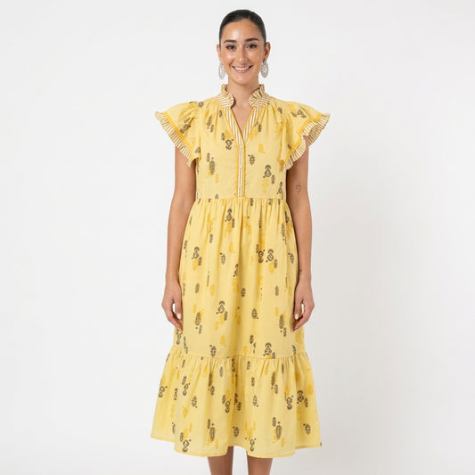 Robe midi femme Uma | Imprimé botanique en blocs, manches à volants rayés