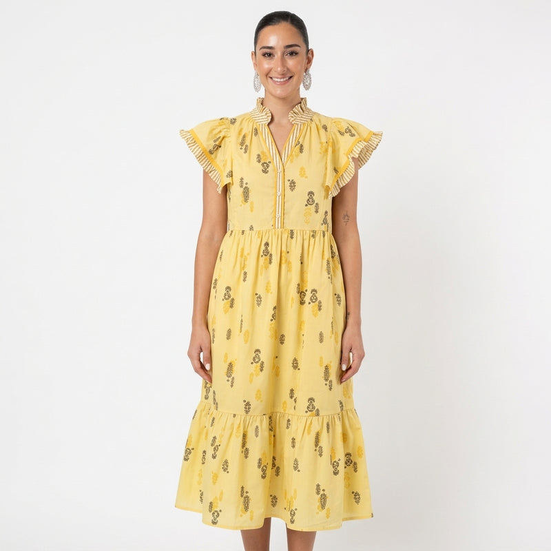 Robe midi femme Uma | Imprimé botanique en blocs, manches à volants rayés