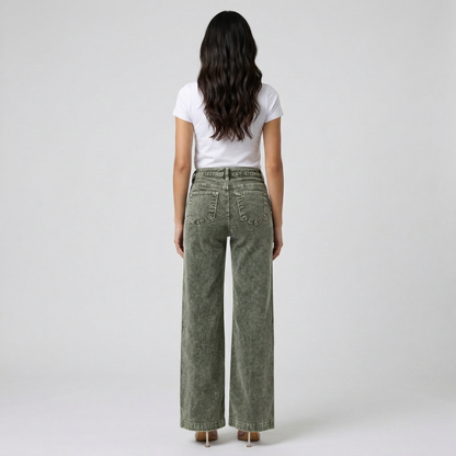 Jean Large Taille Haute en Velours Côtelé pour Femme Raina | Mélange de Coton Texturé, Grandes Tailles