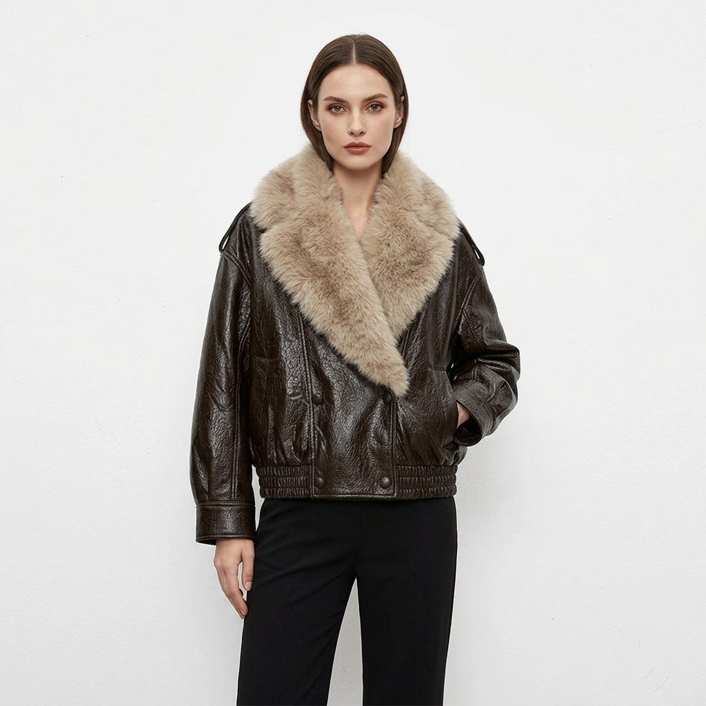 Chaqueta de Mujer Fiona | Cuero PU con Cuello de Piel, Estilo Moto Chic