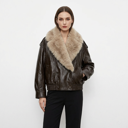Chaqueta de Mujer Fiona | Cuero PU con Cuello de Piel, Estilo Moto Chic