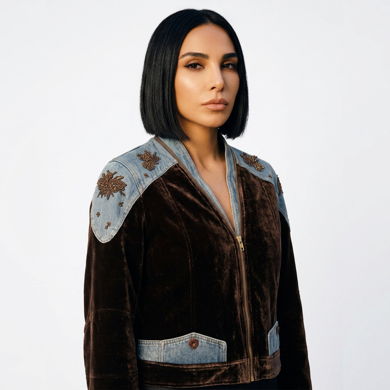 Chaqueta Bomber para Mujer Delara | Patchwork de Terciopelo y Mezclilla, Hombros con Bordado de Cuentas