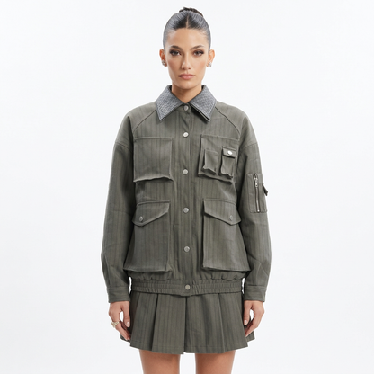 Chaqueta cargo para mujer Demi | Tela de rayas, cuello de contraste tejido