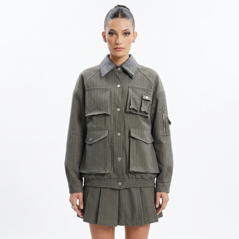 Chaqueta cargo para mujer Demi | Tela de rayas, cuello de contraste tejido