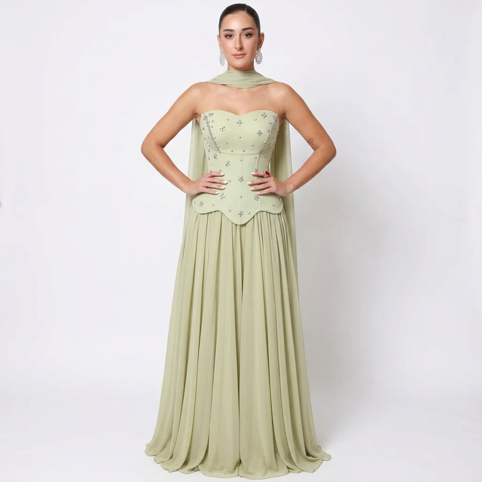 Celeste Women's Evening Gown | Crystal Embellished Corset, Flowing Cape Skirt