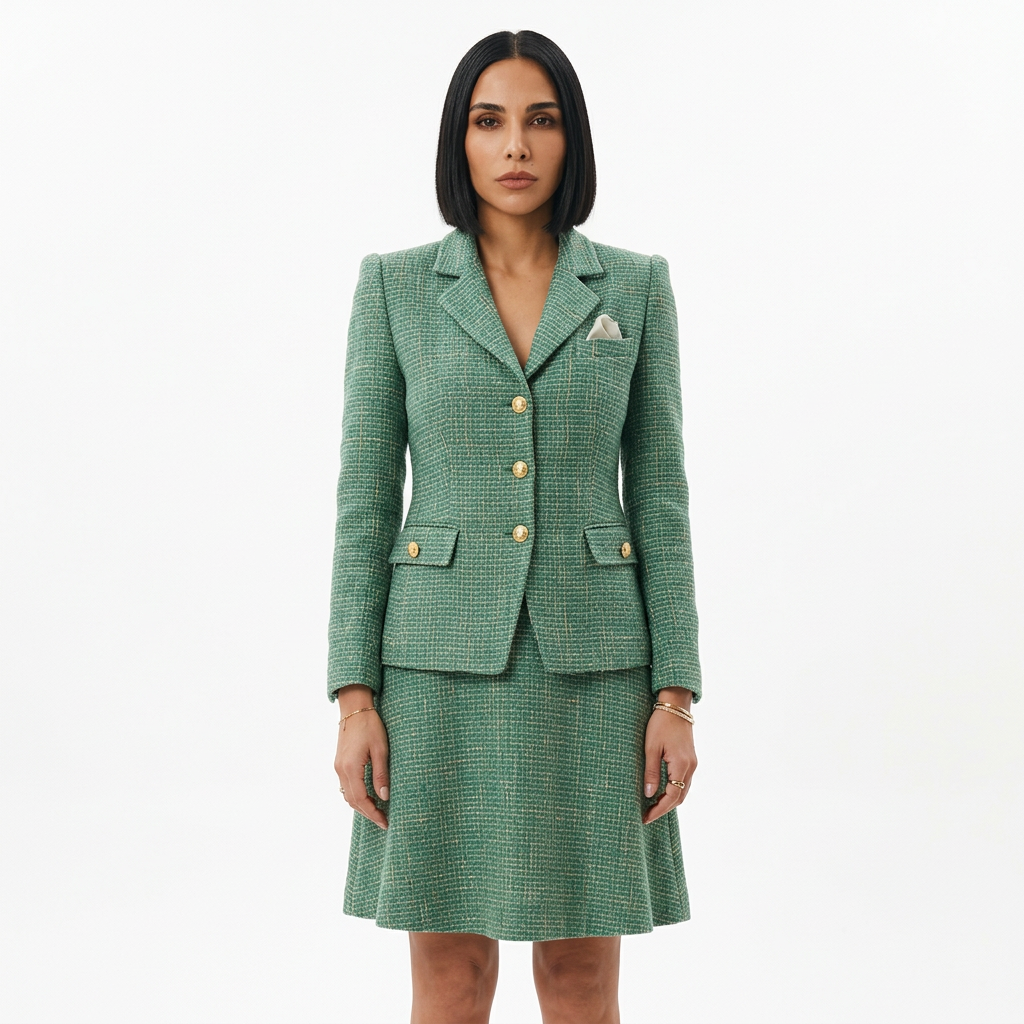 Fleur Women's Skirt Suit Set | Green Tweed Fabric, Gold Button Detail