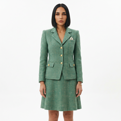 Fleur Women's Skirt Suit Set | Green Tweed Fabric, Gold Button Detail
