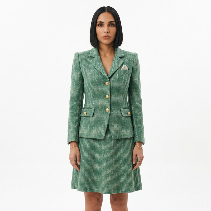 Fleur Women's Skirt Suit Set | Green Tweed Fabric, Gold Button Detail