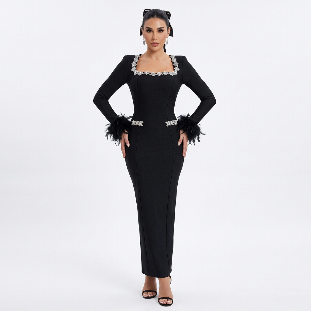 Vestido maxi para mujer Nina | Elegante diseño de plumas, vestimenta formal