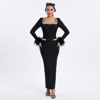 Vestido maxi para mujer Nina | Elegante diseño de plumas, vestimenta formal