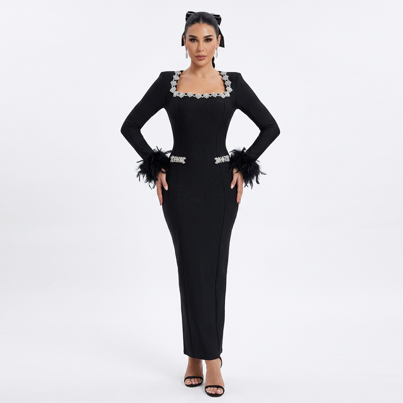 Vestido maxi para mujer Nina | Elegante diseño de plumas, vestimenta formal