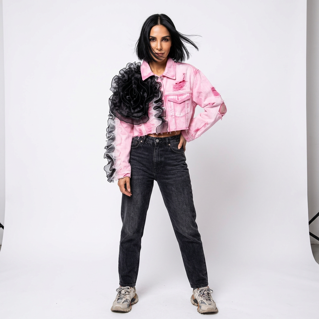 Chaqueta de Mezclilla Cortada para Mujer Dalia | Apliqué de Rosa en Organza 3D, Dobladillo Desgastado