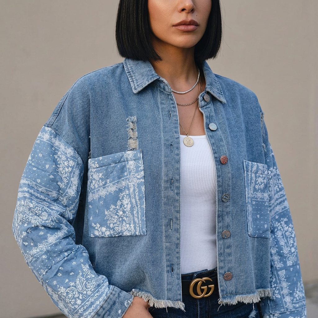 Veste en Denim Mixte pour Femme Aria | Manches Matelassées Paisley, Ourlet Brut