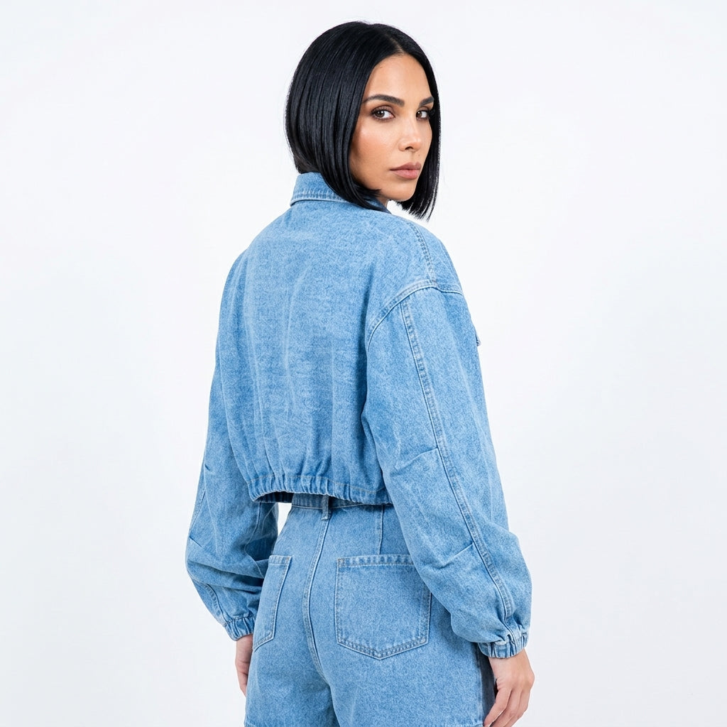 Veste en Denim Courte pour Femme Ava | Taille à Cordon, Fermeture Éclair sur le Devant