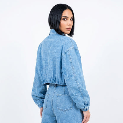Veste en Denim Courte pour Femme Ava | Taille à Cordon, Fermeture Éclair sur le Devant