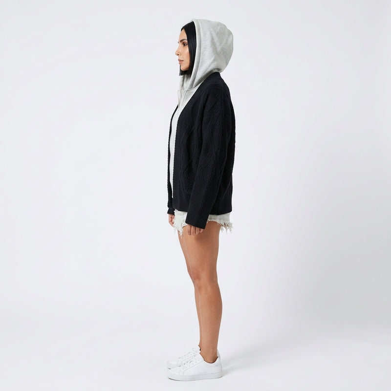 Cardigan à Capuche Tricoté Femme Brynn | Tricot Texturé en Diamant, Doublure de Capuche Contrastée