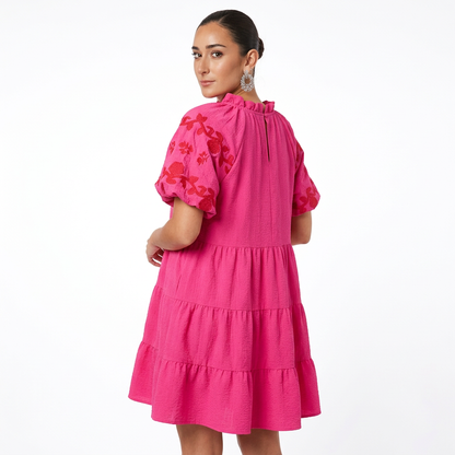 Robe Mini Femme Elora | Manches Bouffantes à Étages Brodées, Romantique