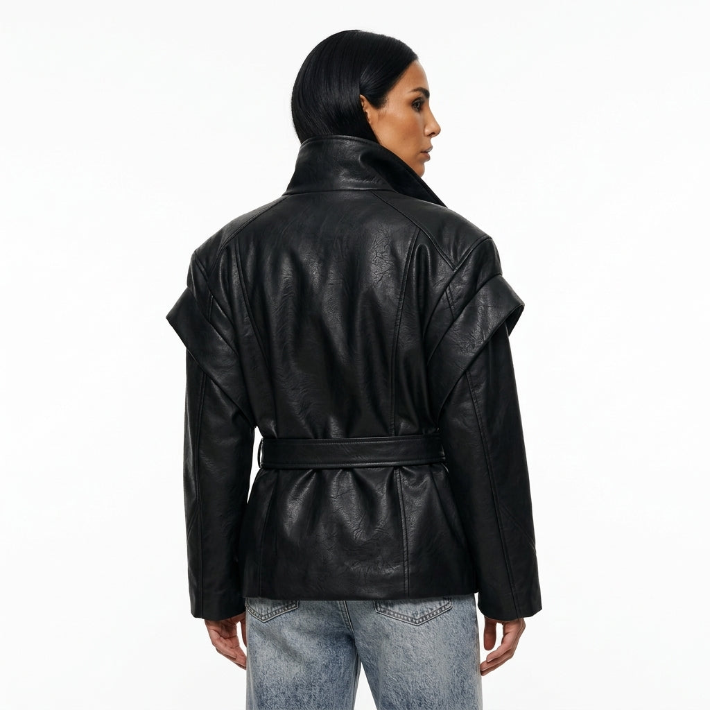 Veste en cuir vegan pour femmes Nadia | Croisée, ceinture à nouer à la taille