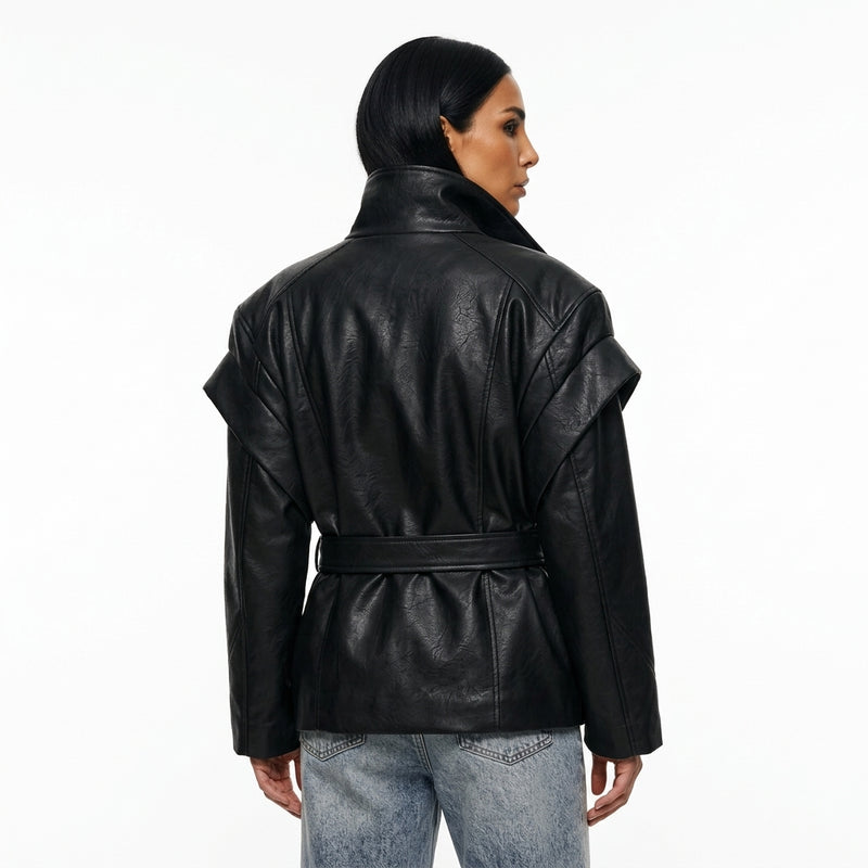 Veste en cuir vegan pour femmes Nadia | Croisée, ceinture à nouer à la taille