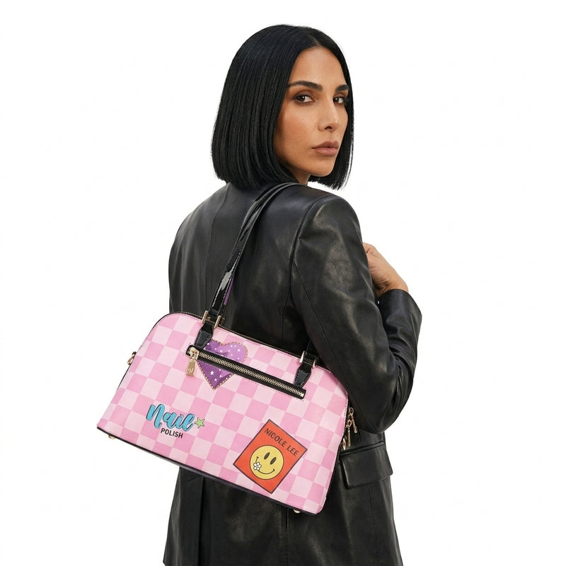 Bolso de hombro tipo dome para mujer Nova | Estampado gráfico amarillo, Mangos de charol negro