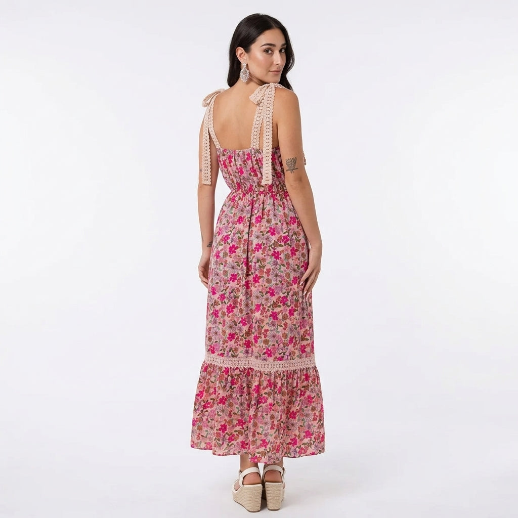 Robe Maxi Femme Sage | Imprimé floral rose, Bretelles en dentelle crochet