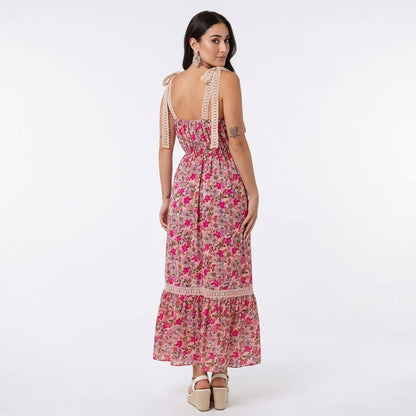 Robe Maxi Femme Sage | Imprimé floral rose, Bretelles en dentelle crochet