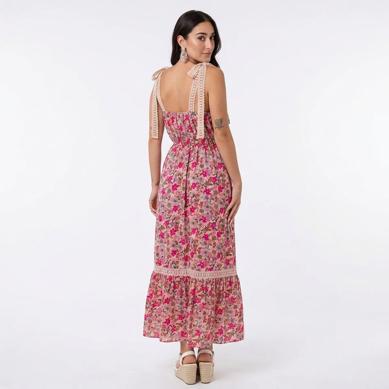 Robe Maxi Femme Sage | Imprimé floral rose, Bretelles en dentelle crochet