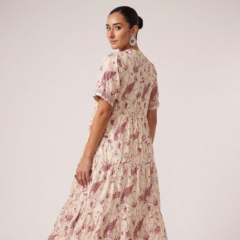 Robe midi femme Ulani | Imprimé floral botanique, détail poignets rayés