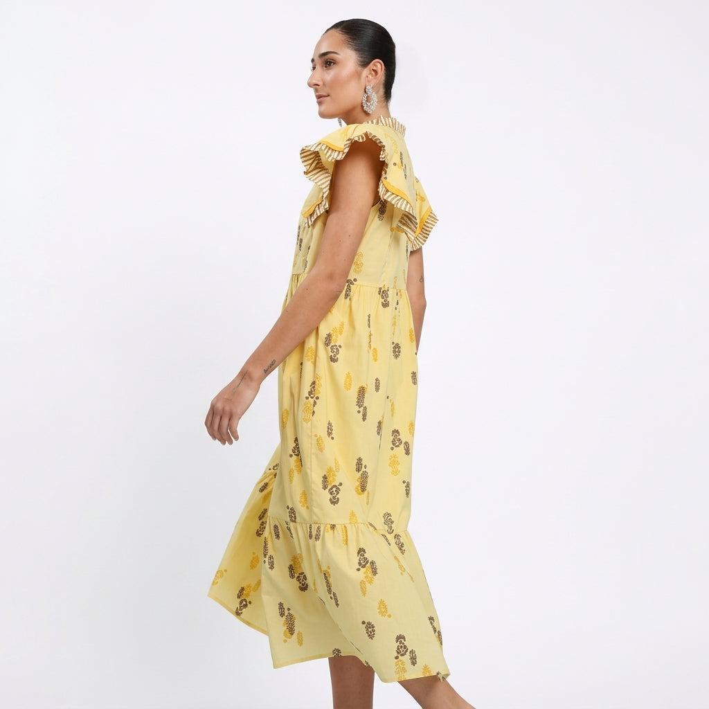 Robe midi femme Uma | Imprimé botanique en blocs, manches à volants rayés