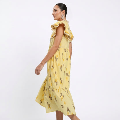 Robe midi femme Uma | Imprimé botanique en blocs, manches à volants rayés