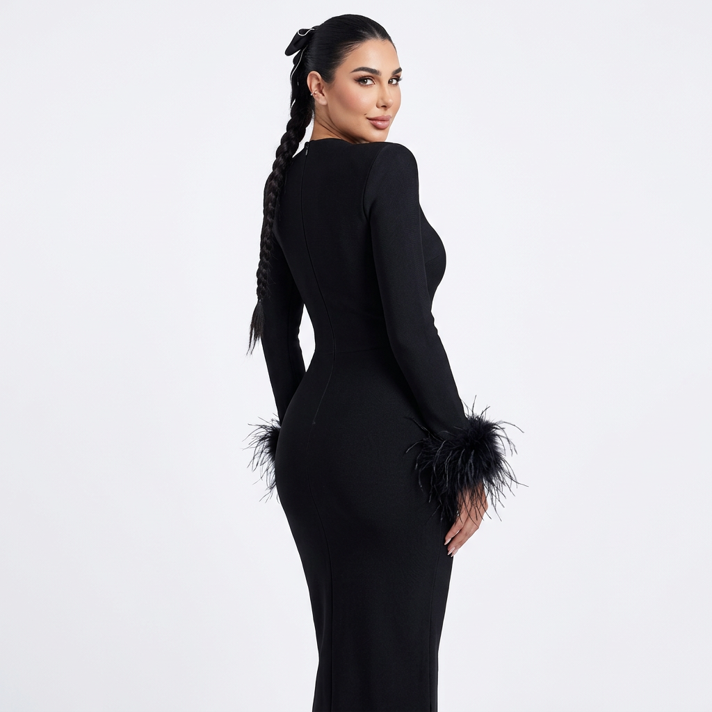 Vestido maxi para mujer Nina | Elegante diseño de plumas, vestimenta formal