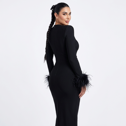 Vestido maxi para mujer Nina | Elegante diseño de plumas, vestimenta formal