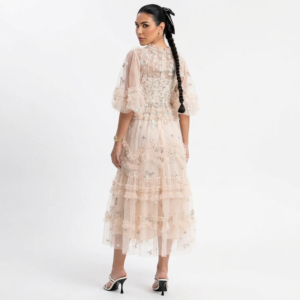 Robe midi pour femmes Rina | Volants brodés floraux, cocktail d'été élégant