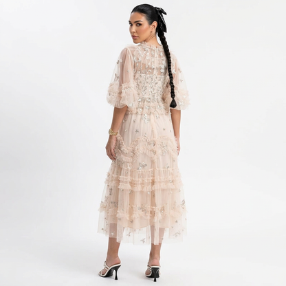 Robe midi pour femmes Rina | Volants brodés floraux, cocktail d'été élégant