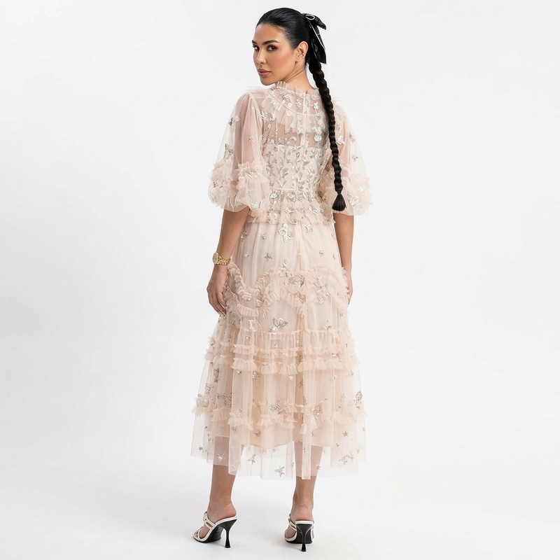 Robe midi pour femmes Rina | Volants brodés floraux, cocktail d'été élégant