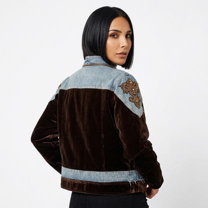 Chaqueta Bomber para Mujer Delara | Patchwork de Terciopelo y Mezclilla, Hombros con Bordado de Cuentas