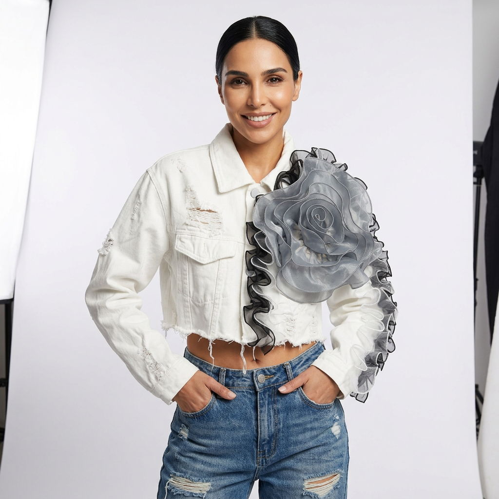 Chaqueta de Mezclilla Cortada para Mujer Dalia | Apliqué de Rosa en Organza 3D, Dobladillo Desgastado