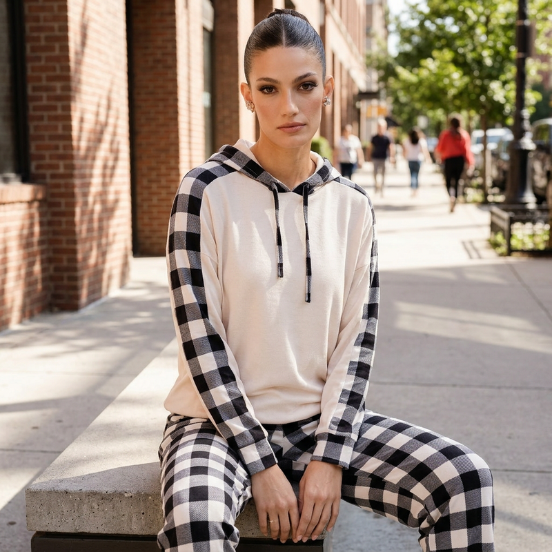 Conjunto de Lounge para Mujer Amara | Top con Capucha y Cuerda, Pantalones a Cuadros