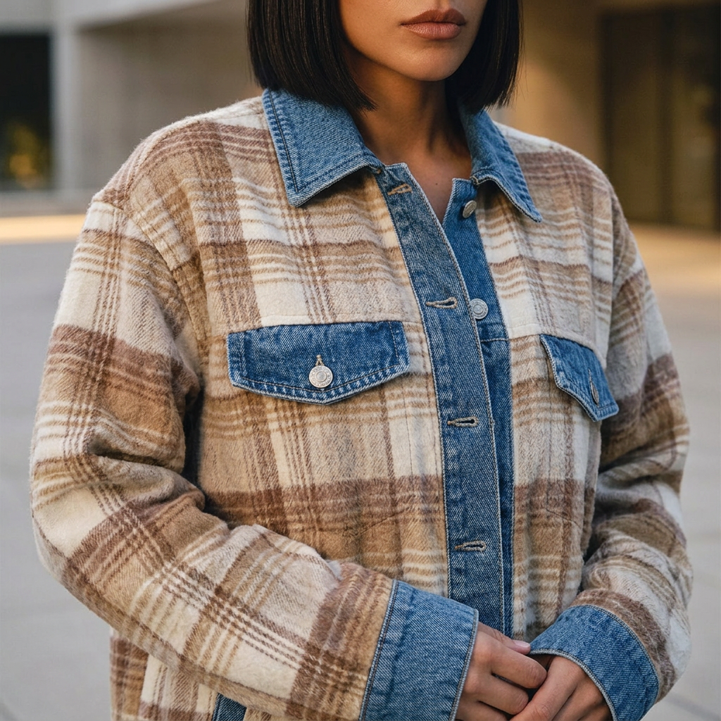 Shacket pour Femme Aspen | Corps en Tissu à Carreaux Brossé, Bordure en Denim Décoloré