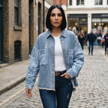 Veste en Denim Mixte pour Femme Aria | Manches Matelassées Paisley, Ourlet Brut