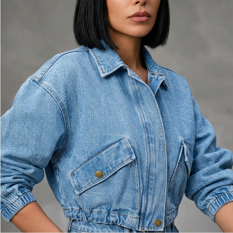 Veste en Denim Courte pour Femme Ava | Taille à Cordon, Fermeture Éclair sur le Devant