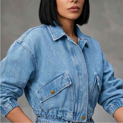Veste en Denim Courte pour Femme Ava | Taille à Cordon, Fermeture Éclair sur le Devant