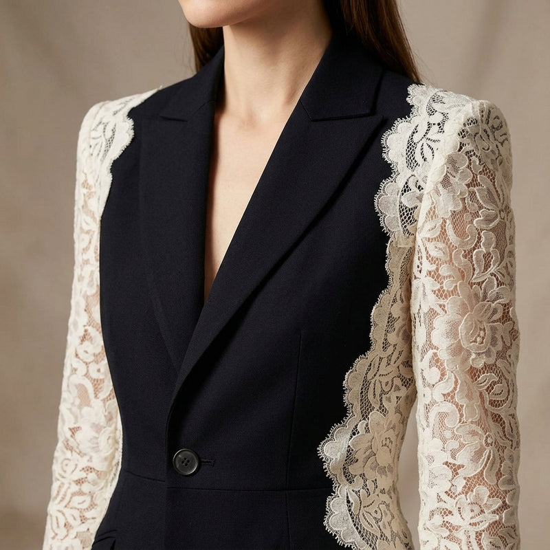 Blazer Femme Daisy | Patchwork en Dentelle à Revers, Coupe Ajustée