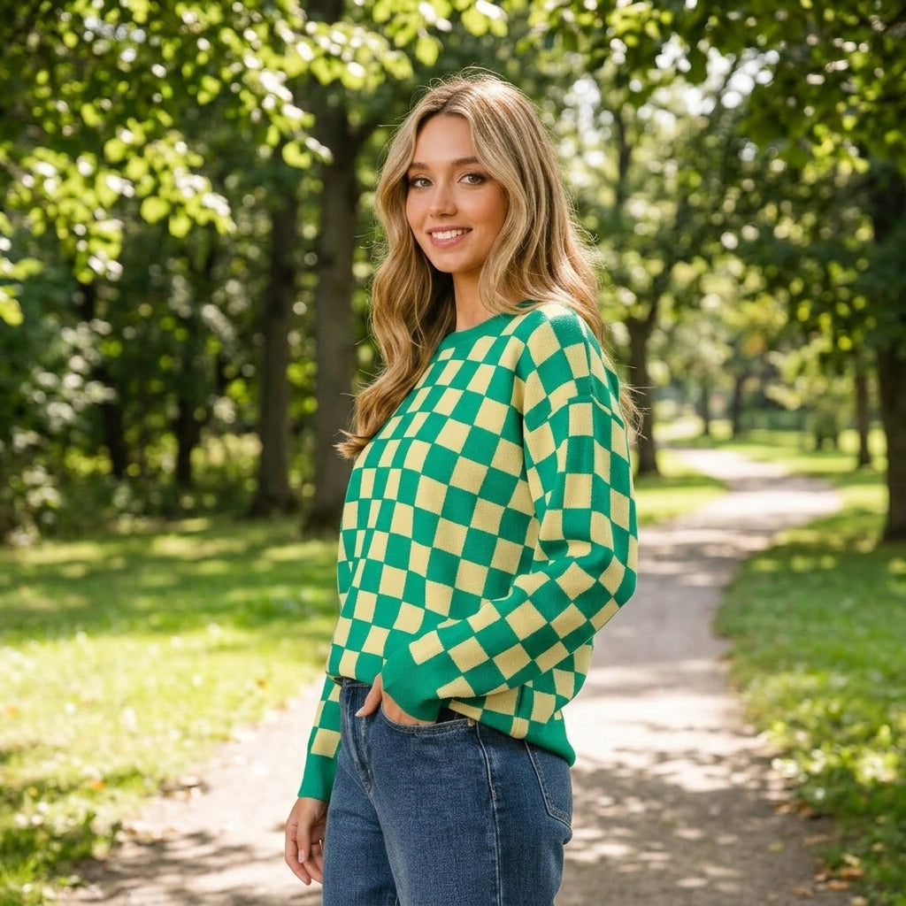 Suéter para mujer Lyra | Cuadrícula audaz, tejido suave