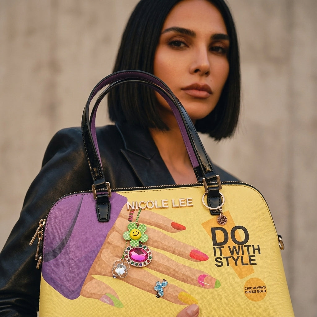 Bolso de hombro tipo dome para mujer Nova | Estampado gráfico amarillo, Mangos de charol negro