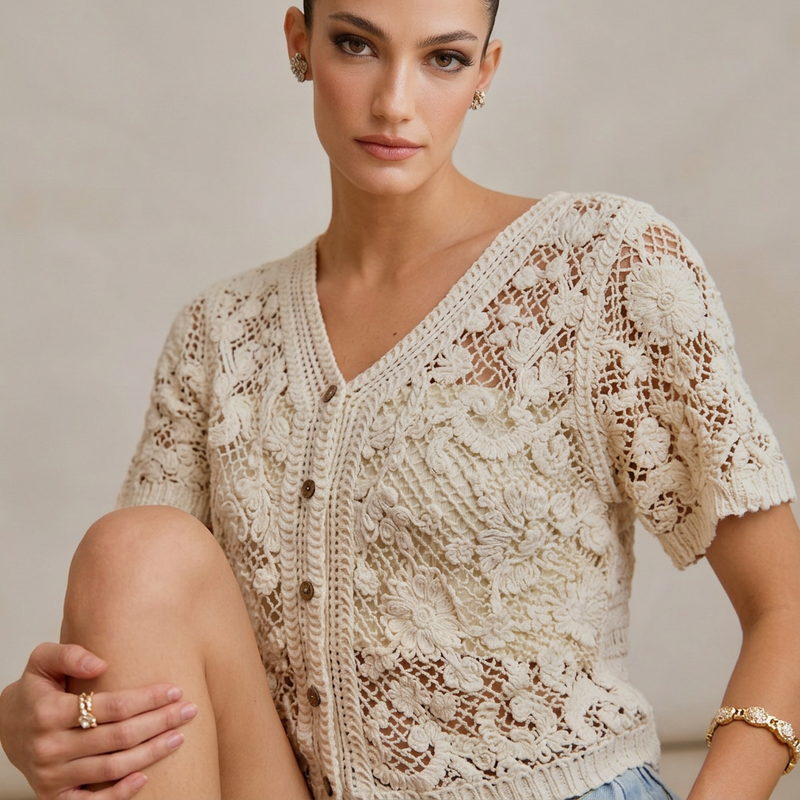 Cárdigan para mujer Serafina | Encaje de crochet floral, mezcla de algodón