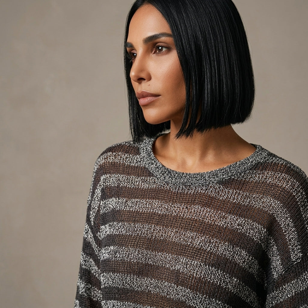 Pull tricoté femme Stevie | Motif rayé transparent, encolure en V